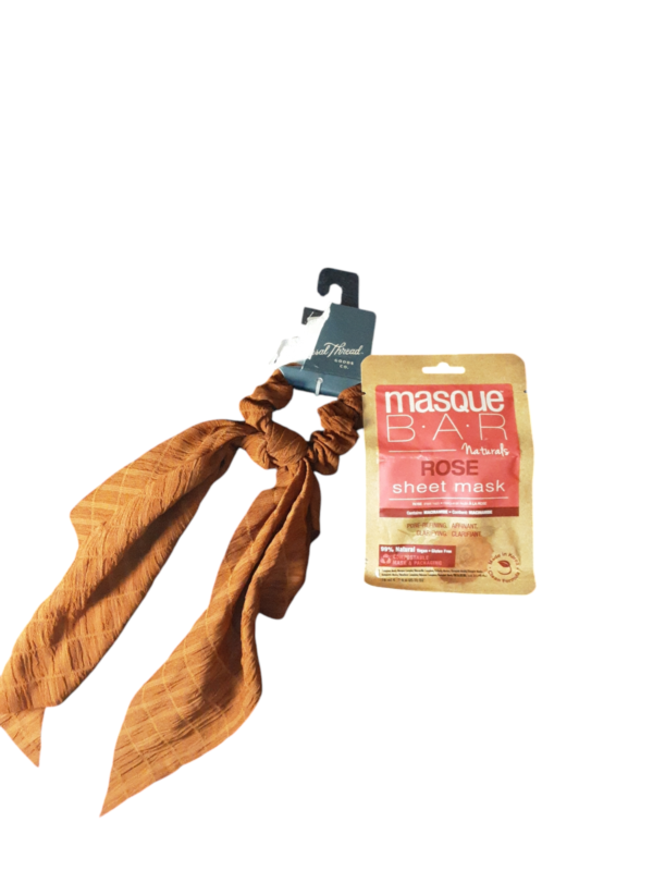 Pleated Scarf Hair Tie and Rosegold Face Mask for Pore-refining and Clarifying. Vegan and Gluten Free.